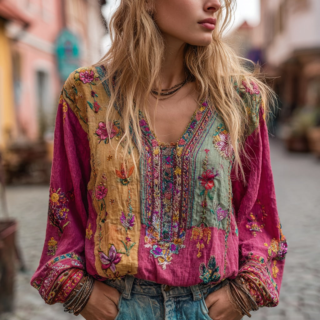Comstylish Women's Floral Embroidery Boho Colorblock Art Linen Blend V-neck Shirt