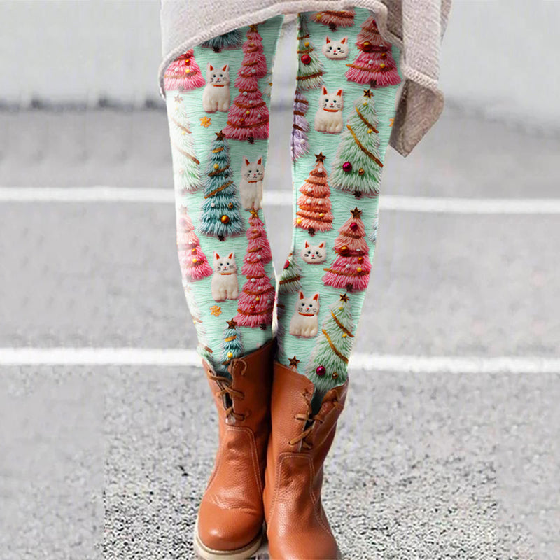 Christmas Tree Cat Print Casual Leggings elevenforest