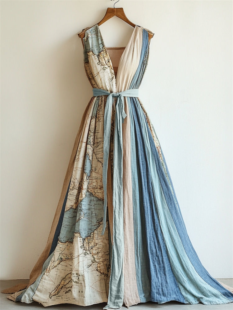 Vintage Old Map Contrast Patchwork Linen Maxi Dress artswardrobe