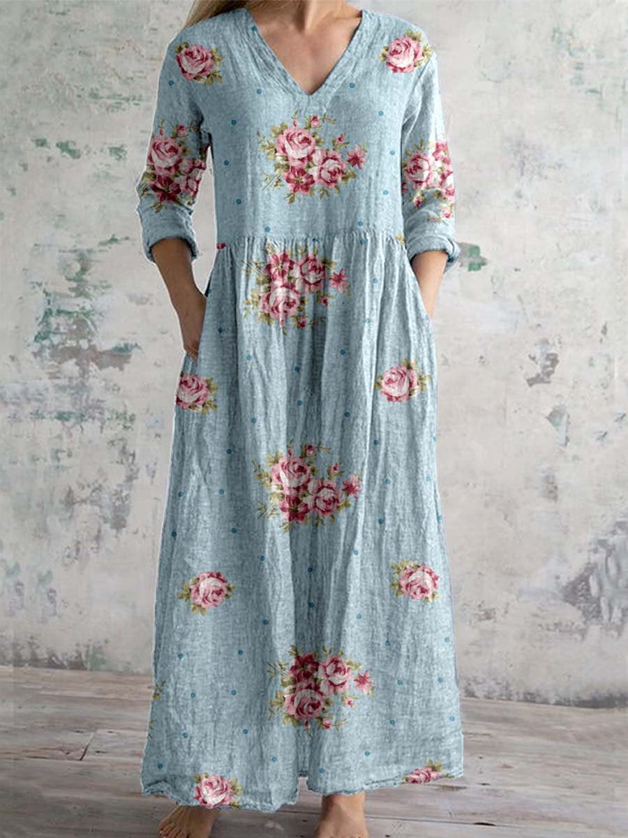 Women's V-Neck Elegant Vintage Floral Cotton Dress with Pockets