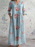 Women's V-Neck Elegant Vintage Floral Cotton Dress with Pockets
