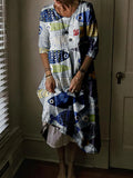 Vintage Fish Japanese Art Linen Blend Comfy Midi Dress