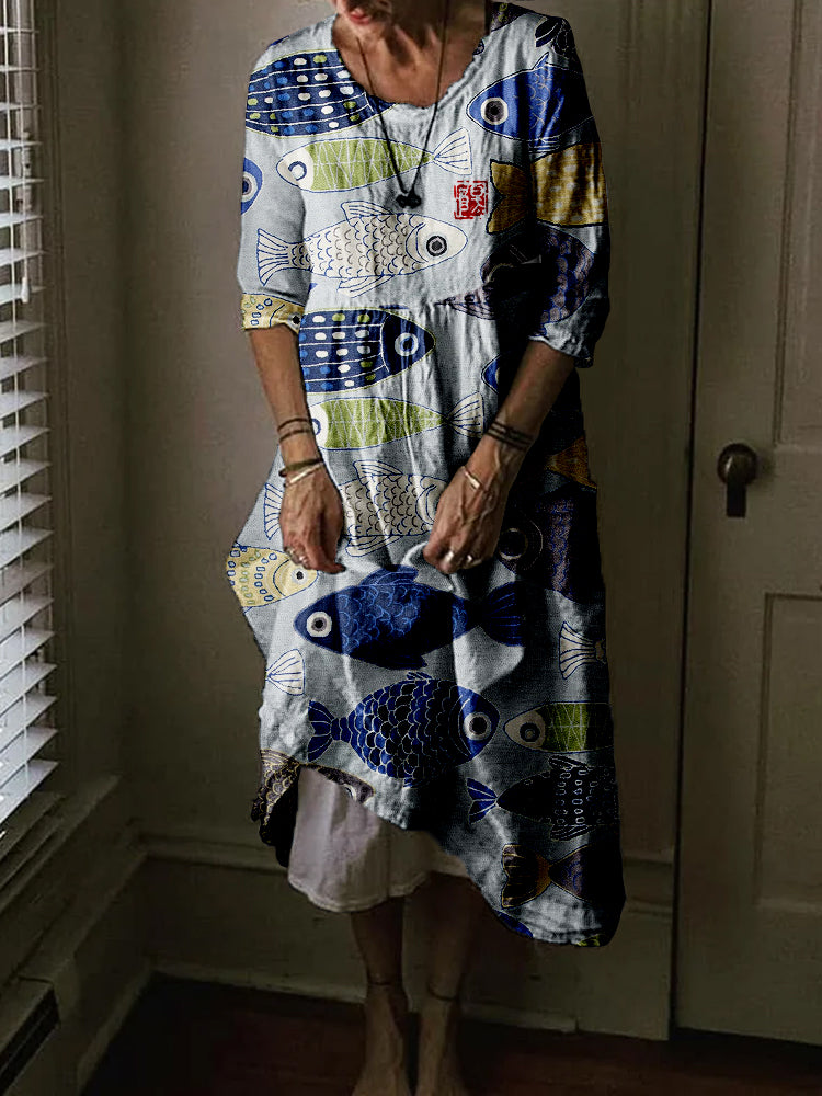 Vintage Fish Japanese Art Linen Blend Comfy Midi Dress