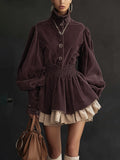 Dark Purple Velvet Lace Trimmed Turtleneck Long Sleeve  Mini Dress