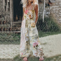Women's Rose Patchwork Lace Linen Print Cotton Linen Jumpsuit artswardrobe