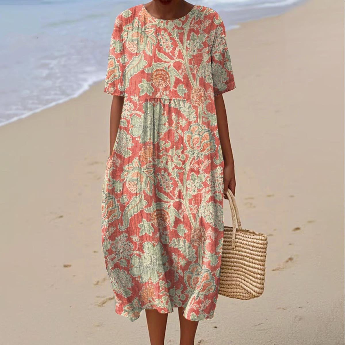 Women's Vintage Floral Print Short Sleeve Crew Neck Dress artswardrobe