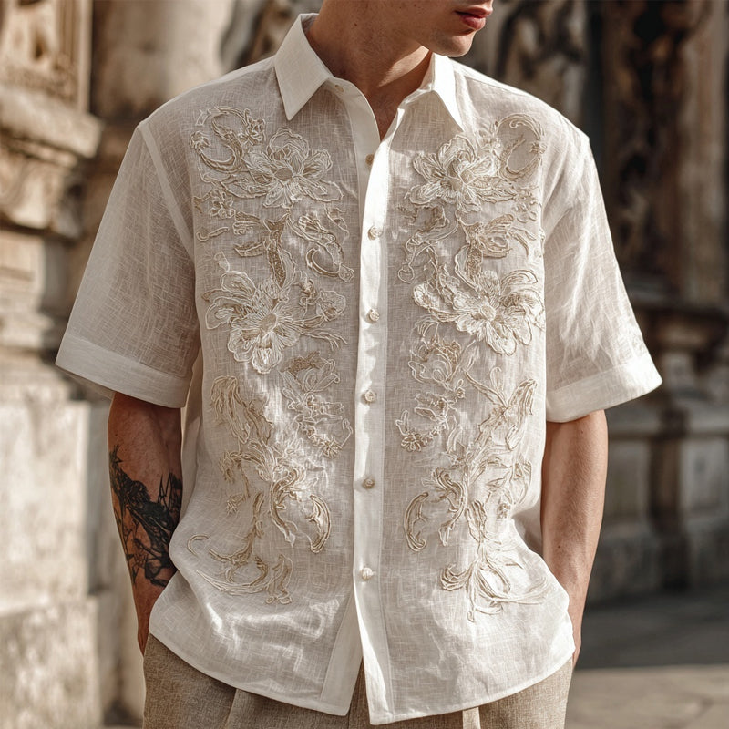 Men's Floral Lace Embroidered Short Sleeve Linen Shirt artswardrobe