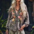 Bohemian Style Linen Floral Art Print Long Sleeve Loose  Shirt artswardrobe
