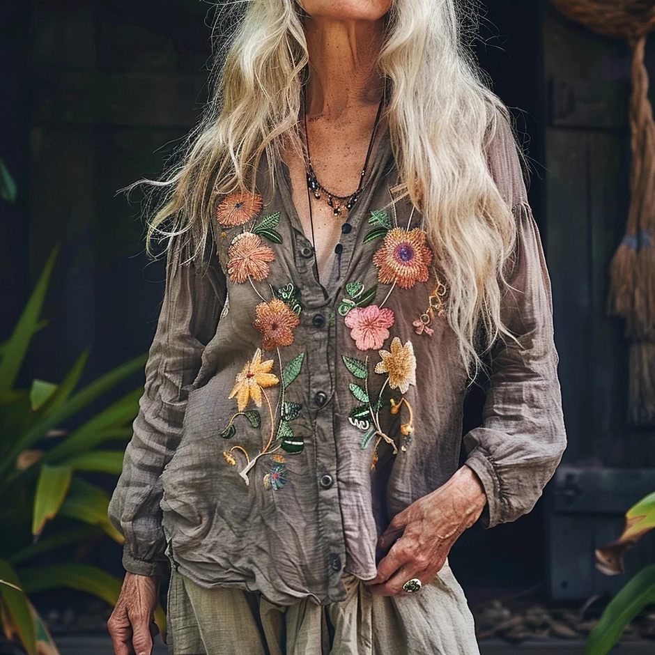 Bohemian Style Linen Floral Art Print Long Sleeve Loose  Shirt artswardrobe