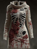 Halloween Skull Floral Knitted Warm Hooded Sweater artswardrobe