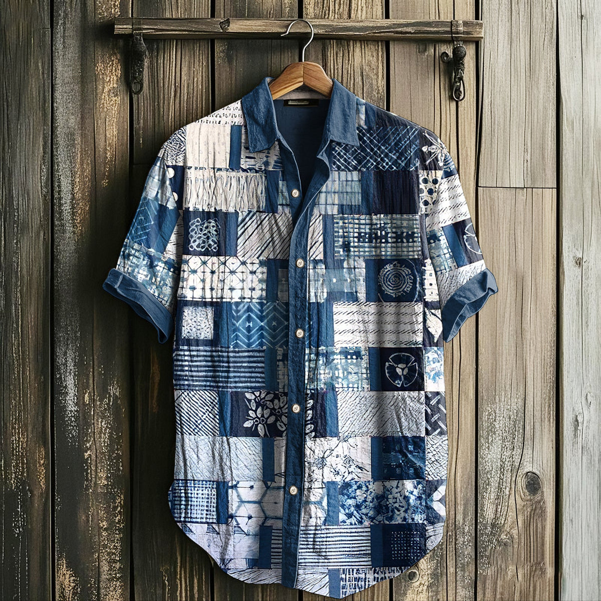 Men's Retro Geometry Patchwork Art Linen Casual Shirt artswardrobe