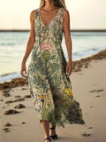 Women's Vintage Floral Art Print Pocket Cotton Dress