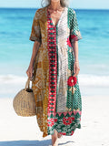 Women's Vintage Floral Patchwork Art Print Pocket Cotton Dress