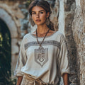 Vintage Greek Key Motif  Crew Neck Long Sleeves Linen Blend Blouse artswardrobe