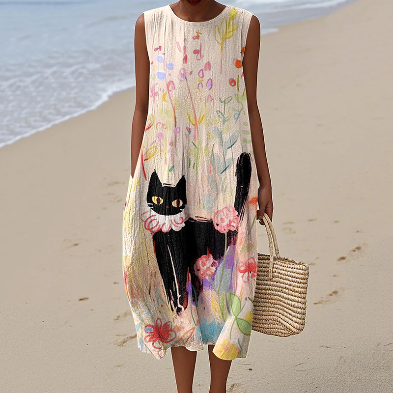 Women's Vintage Floral Cat Art Cotton And Linen Dress artswardrobe