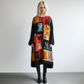 Pop Art Cat Patchwork Pattern Design Long Sleeves Midi Dress elevenforest