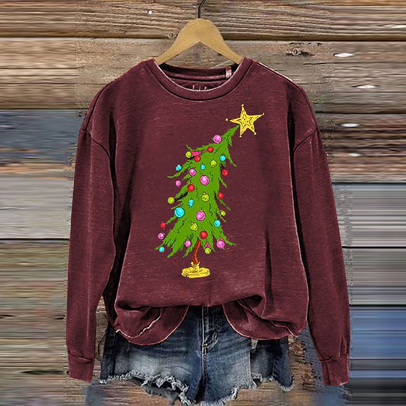 Comstylish Christmas Tree Print Crew Neck Sweatshirt