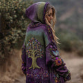 Comstylish Women's Vintage Tree Of Life And Floral Art Zip-up Knitted Hooded Cardigan
