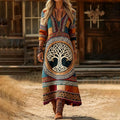 Comstylish Women's Vintage Viking Tree Of Life Art Print V-neck Midi Dress