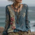 Women's Vintage Rose Floral Embroidery Linen Shirt artswardrobe