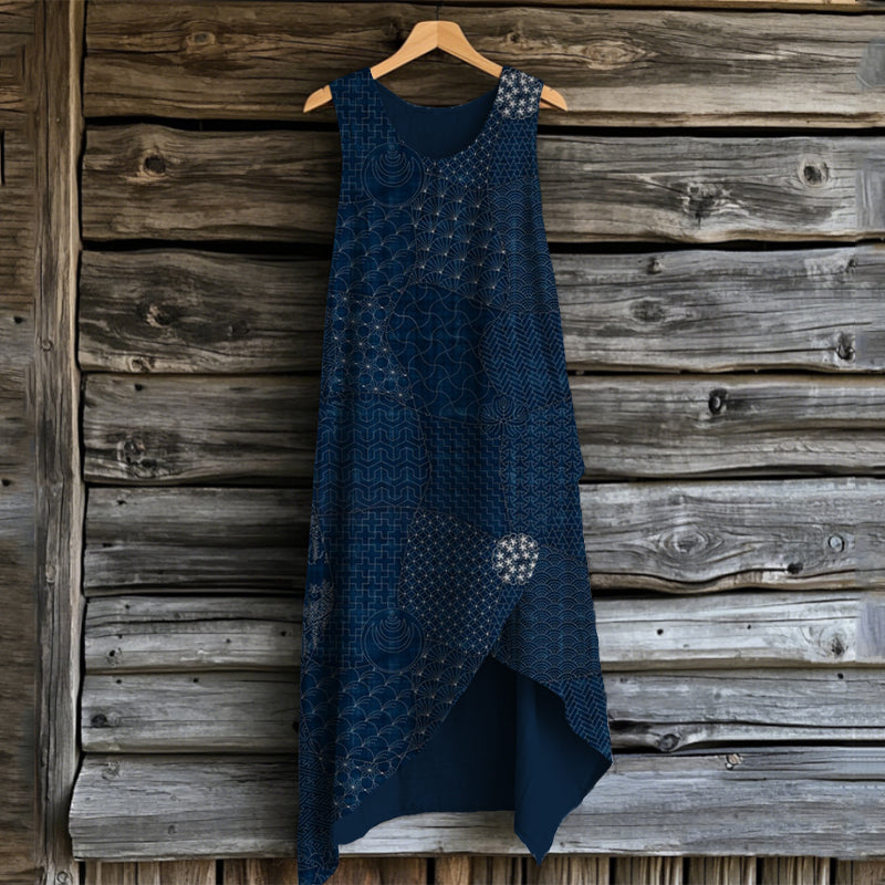 Comstylish Japanese Traditional Sashiko Art Linen Irregular Midi Dress
