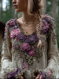 Comstylish Bohemian Style Round Neck Long Sleeve 3d Purple Flower Design Cotton And Linen Top For Women