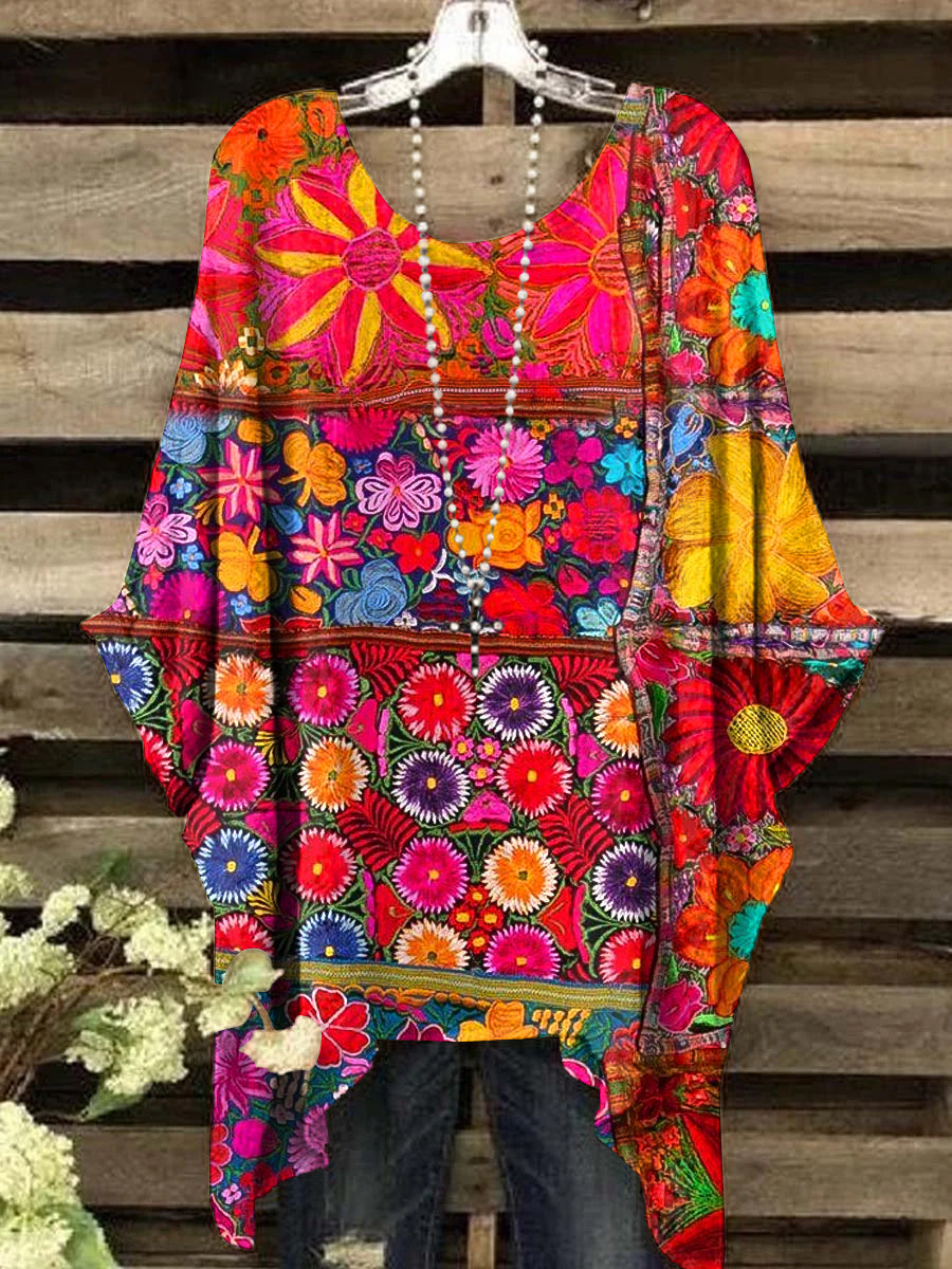 Women's Vintage Floral Patchwork Art Print Crew Neck Top