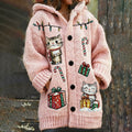 Women's Christmas Cat Embroidery Cozy Knit Hooded Sweater Cardigan elevenforest