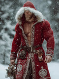 Comstylish Men's Christmas Viking Santa Claus Celtic Knot Fur Trim Hooded Long Cardigan