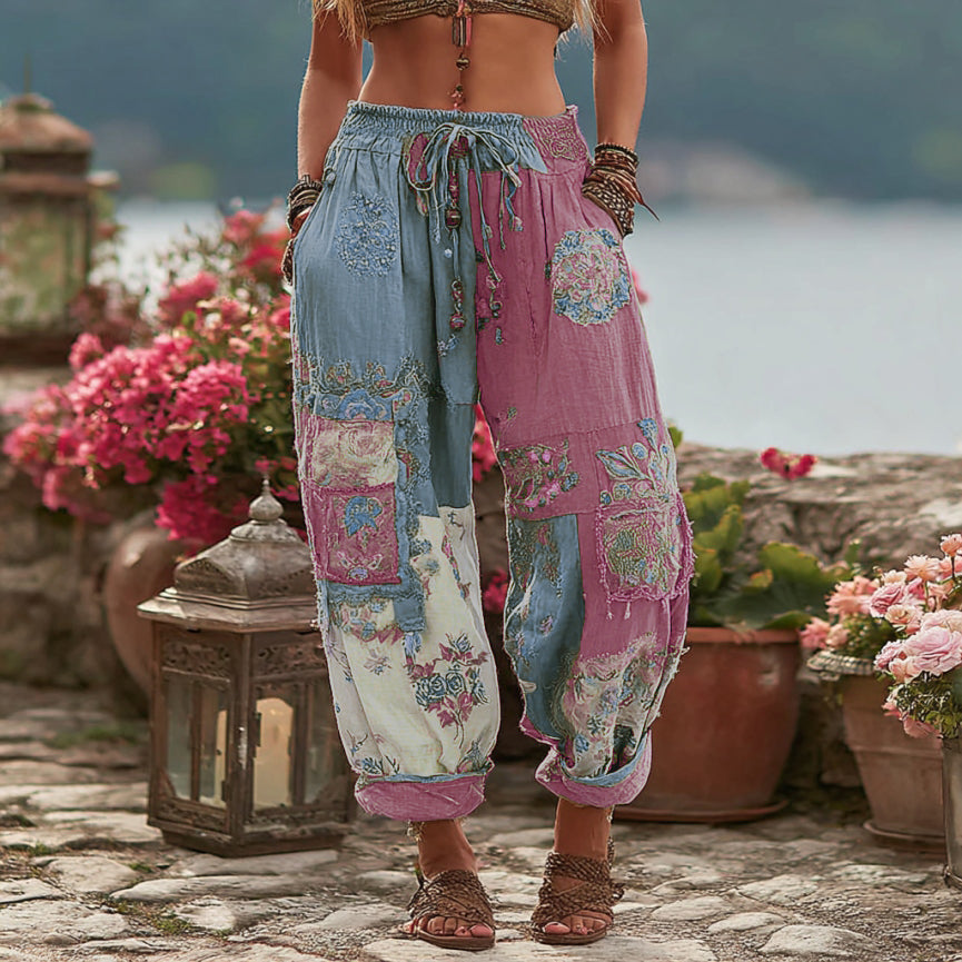 Women's Vintage Floral Embroidery Art Contrast Color Linen Blend Casual Pants artswardrobe