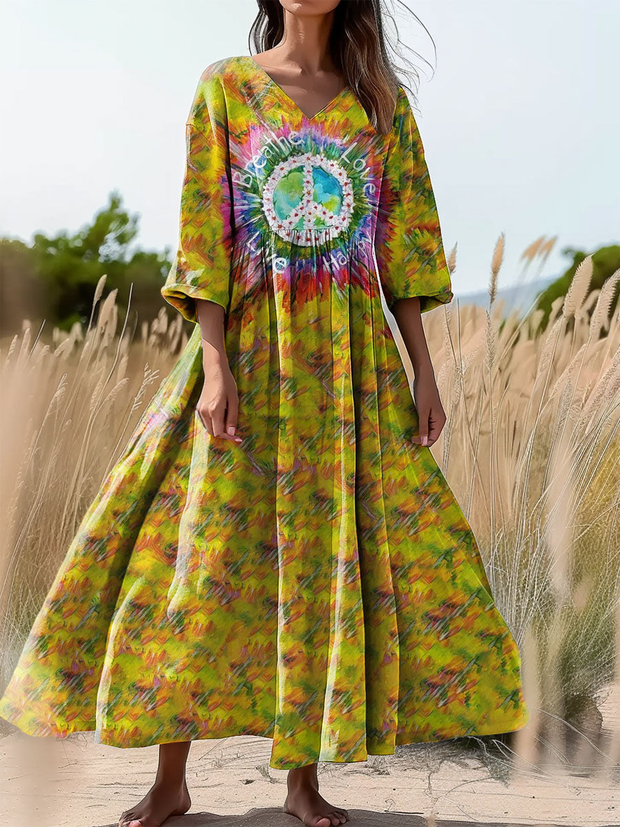 Women's Floral Hippie Art Print Flowy V-Neck Cotton Dress