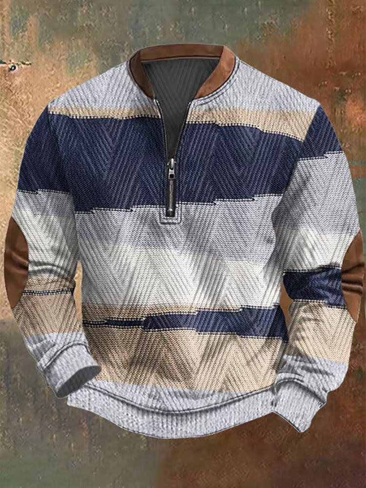 Men's Retro Western Design Jacquard Fabric Zipper Neck Sweatshirt elevenforest