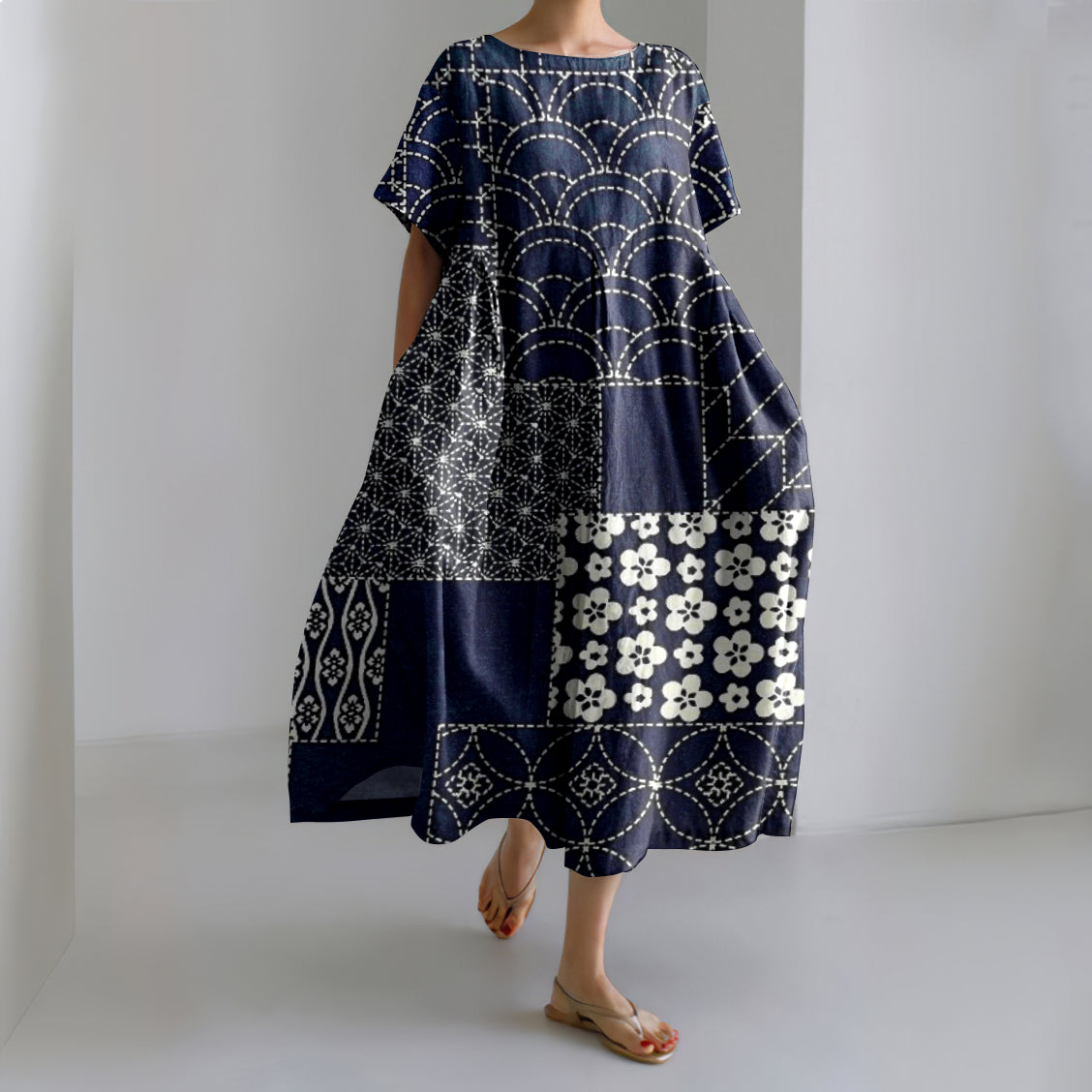 Comstylish Vintage Japanese Indigo Blooming Traditional Sashiko Patchwork Art Printed Crew Neck Casual Midi Dress