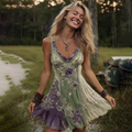 Classy Gradient Purple Lavender And Floral Embroidered Linen Tank Short Dress artswardrobe