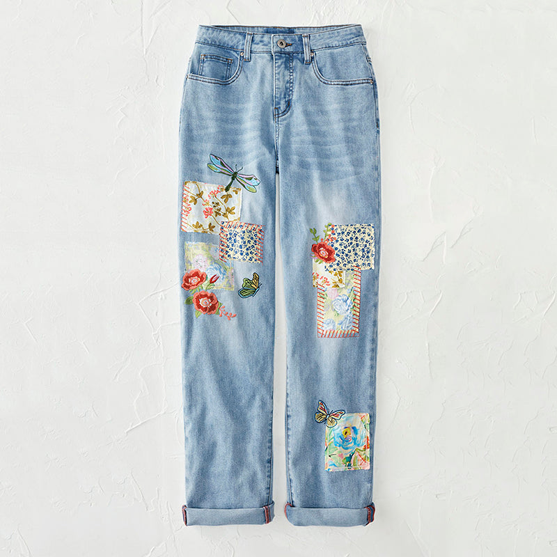 Comstylish Vintage Floral Dragonfly Patch Embroidery Art Design Jeans
