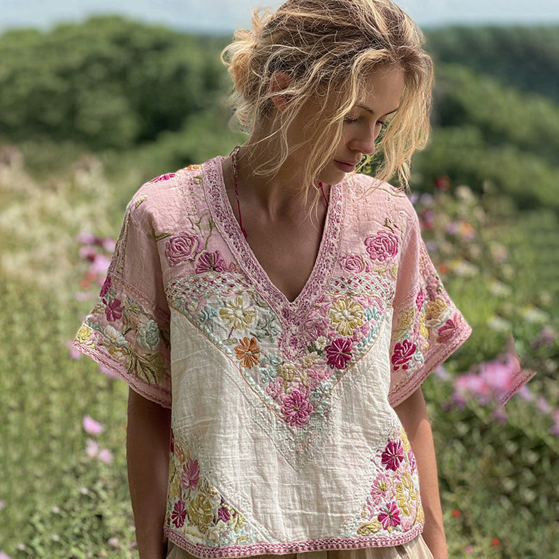 Women's Bohemian Contrast Patchwork Floral V-neck T-shirt artswardrobe