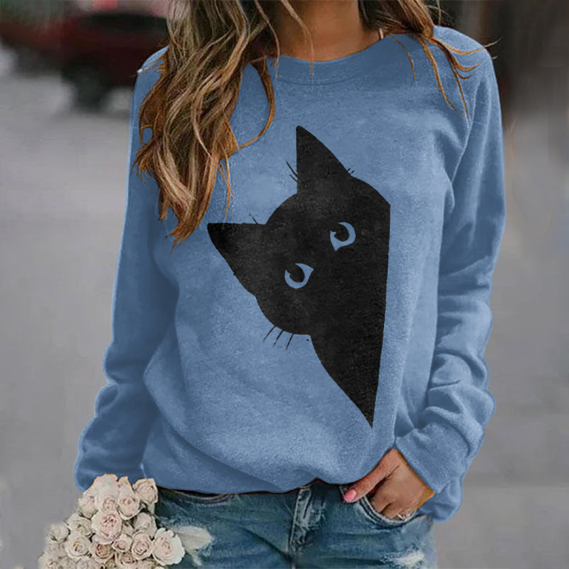 Women's Peek-A-Boo Hiding Black Cat Printed Sweatshirt elevenforest