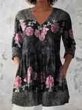Women's Retro Floral Art Print Casual Cotton And Linen V-neck Top
