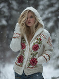 Comstylish Viking Style Embroidered Rose Cardigan Hooded Sweater