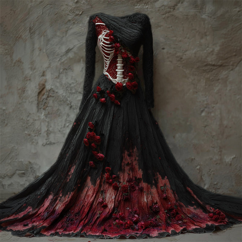 Comstylish Halloween Bloody Red Roses Skeleton Lace Linen Maxi Dress