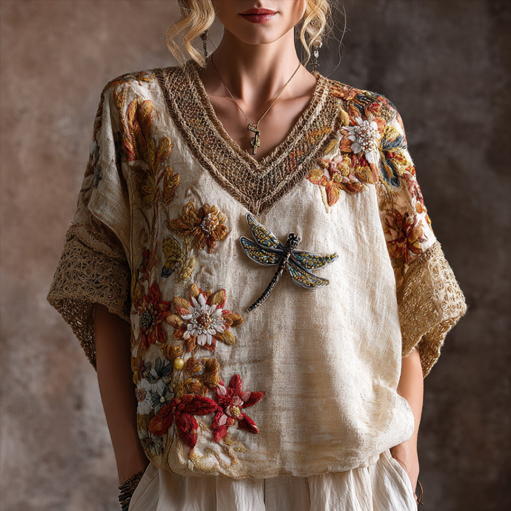 Bohemian Style Three-dimensional Dragonfly Embroidery Linen Texture Vintage V-neck Short-sleeved Shirt artswardrobe