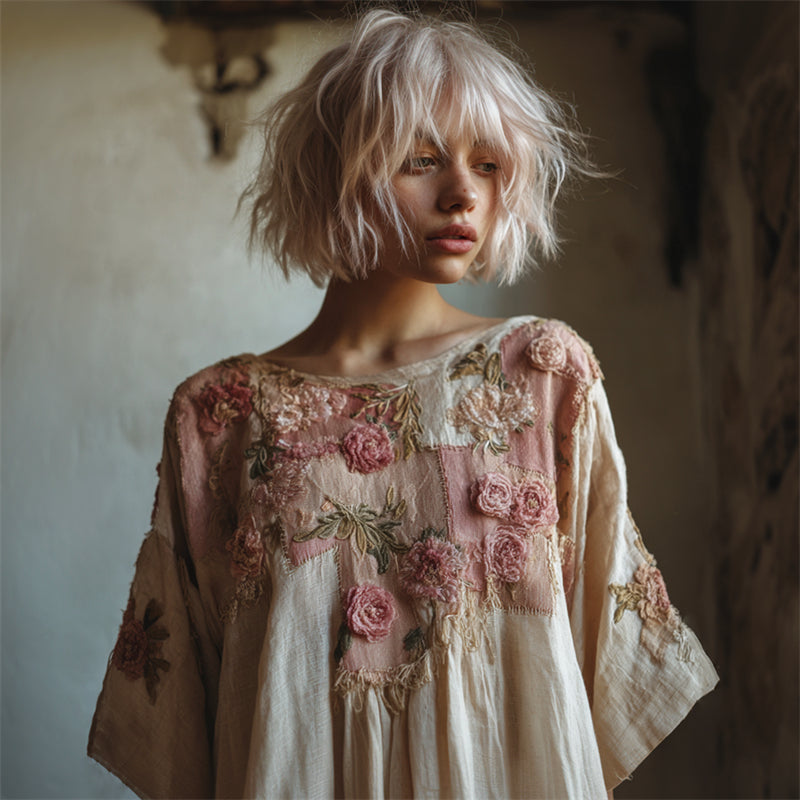 Cottage Pink Roses Embroidered Patchwork Linen Shirt artswardrobe