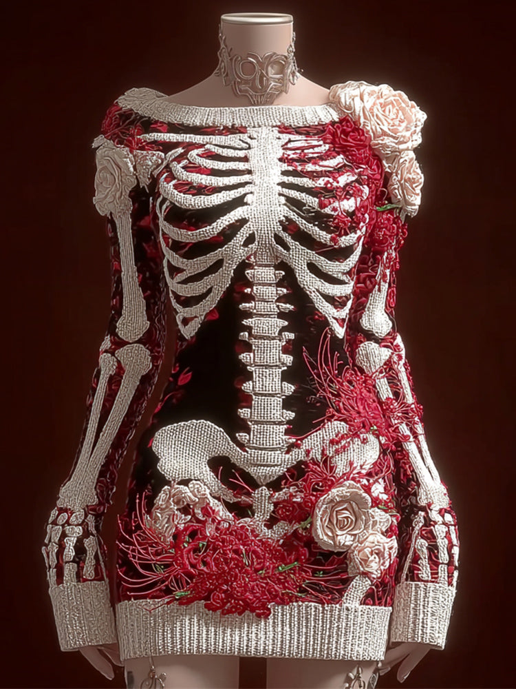 Comstylish Halloween Skeleton & Higanbana Flowers Embroidered Women's Knit Mini Dress