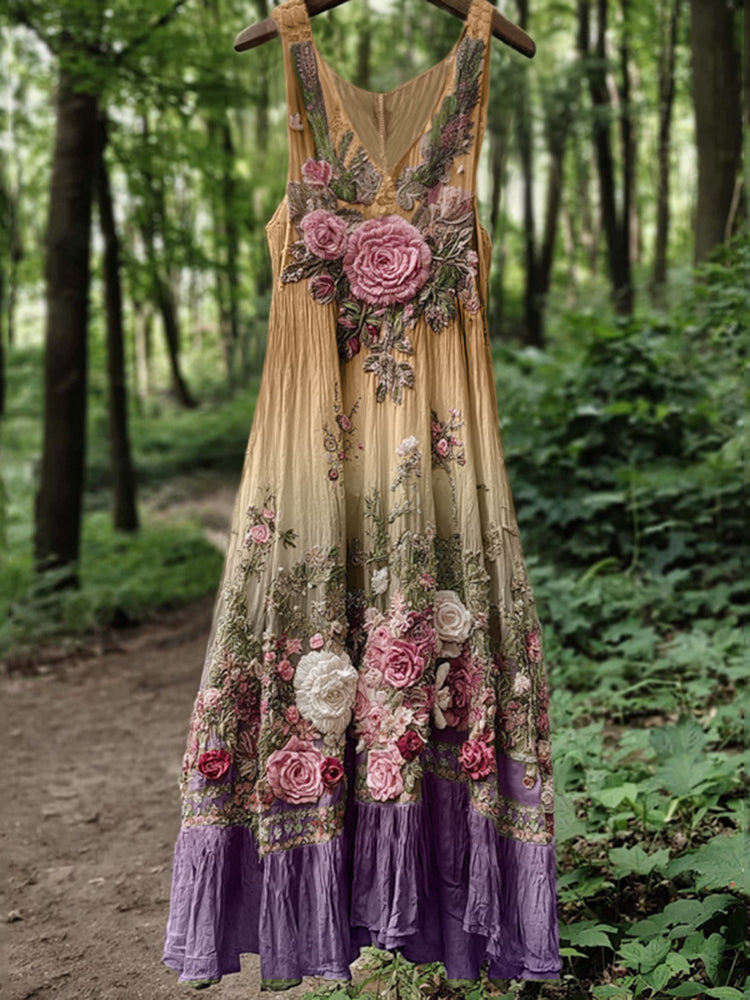 Vintage Classy Boho Gradient Pink Roses Embroidered Linen Maxi Dress artswardrobe