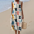 Women's Vintage Cute Cat Flowers Art Linen Tank Midi Dress artswardrobe