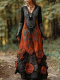 Comstylish Halloween Vintage Rose Raven Dark Art Women's V-neck Long-sleeve Maxi Dress
