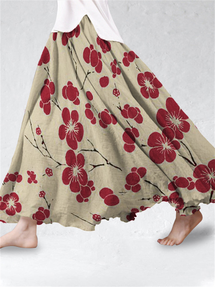 Comstylish Cherry Blossom Japanese Art Linen Blend Flowy Wide Skirt