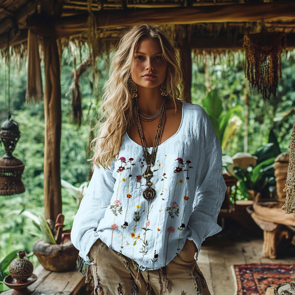 Comstylish Retro Bohemian Resort Floral Pattern Art Embroidery Print Cotton And Linen Blend Loose Blouse