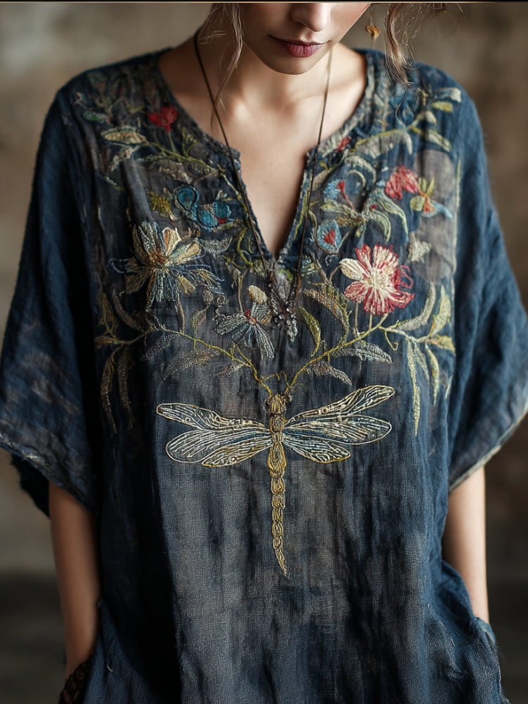 Comstylish Vintage Cotton And Linen Tie-dye T-shirt With Dragonfly And Flower Pattern, V-neck, Short Sleeve