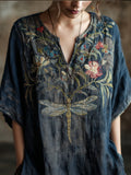 Vintage Cotton And Linen Tie-dye T-shirt With Dragonfly And Flower Pattern, V-neck, Short Sleeve artswardrobe
